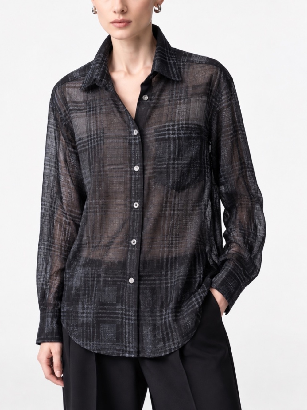 Equipment Femme Sheer Plaid Check Button Down Shirt Black Women Size S